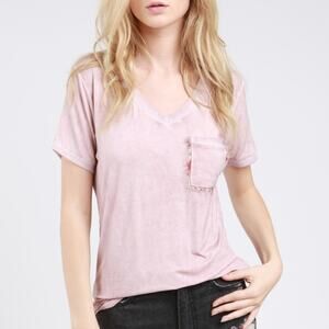 NEW POL Pink Cali Girl Eyelash Fringe Distressed Cloth Chest Pocket T Shirt